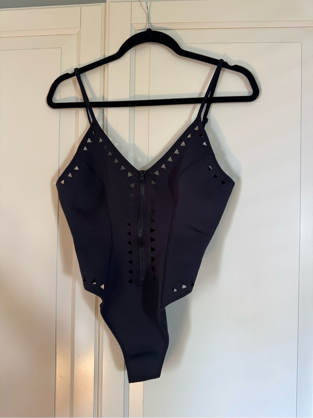 GIGI C Black Triangle Laser-Cut One-Piece Bodysuit